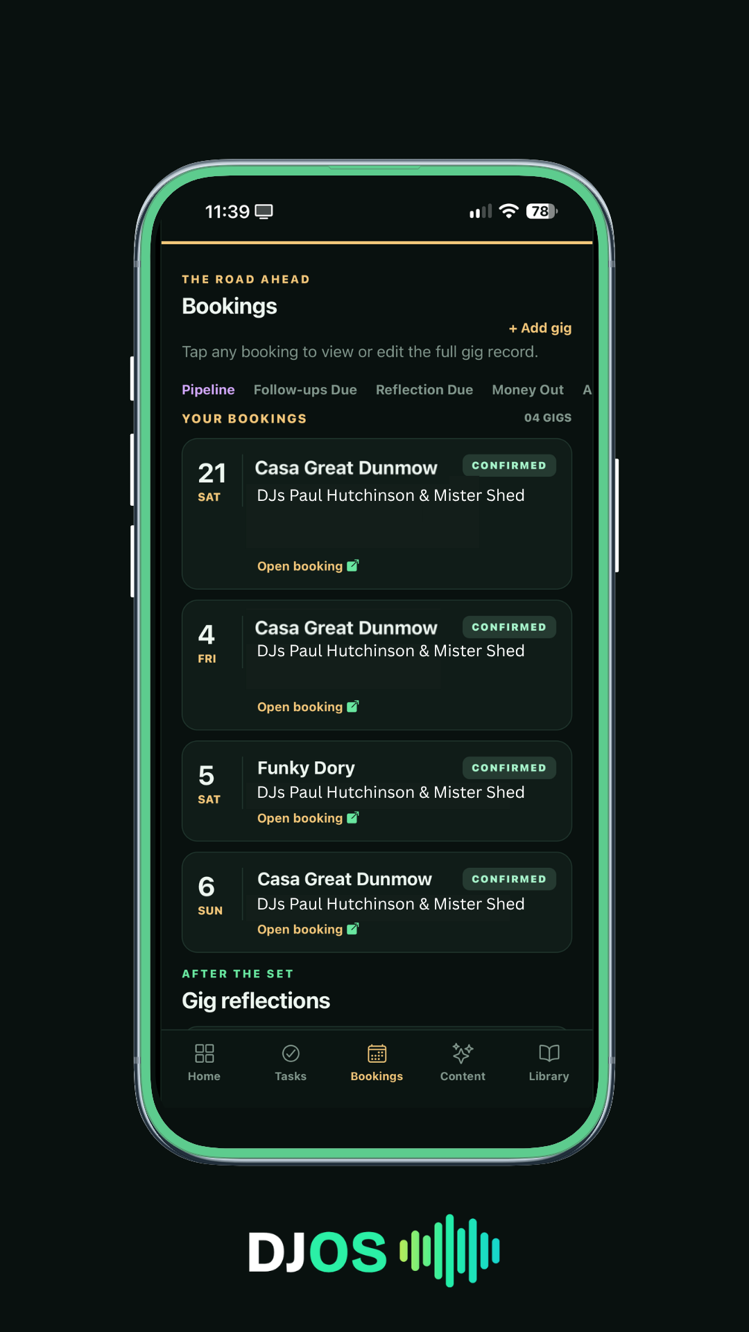 DJOS app bookings screen showing a DJ booking pipeline