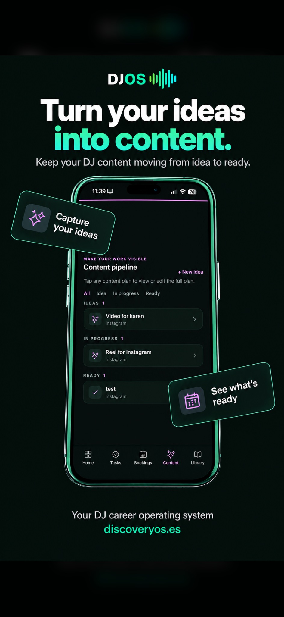 DJOS app content screen showing ideas moving into production
