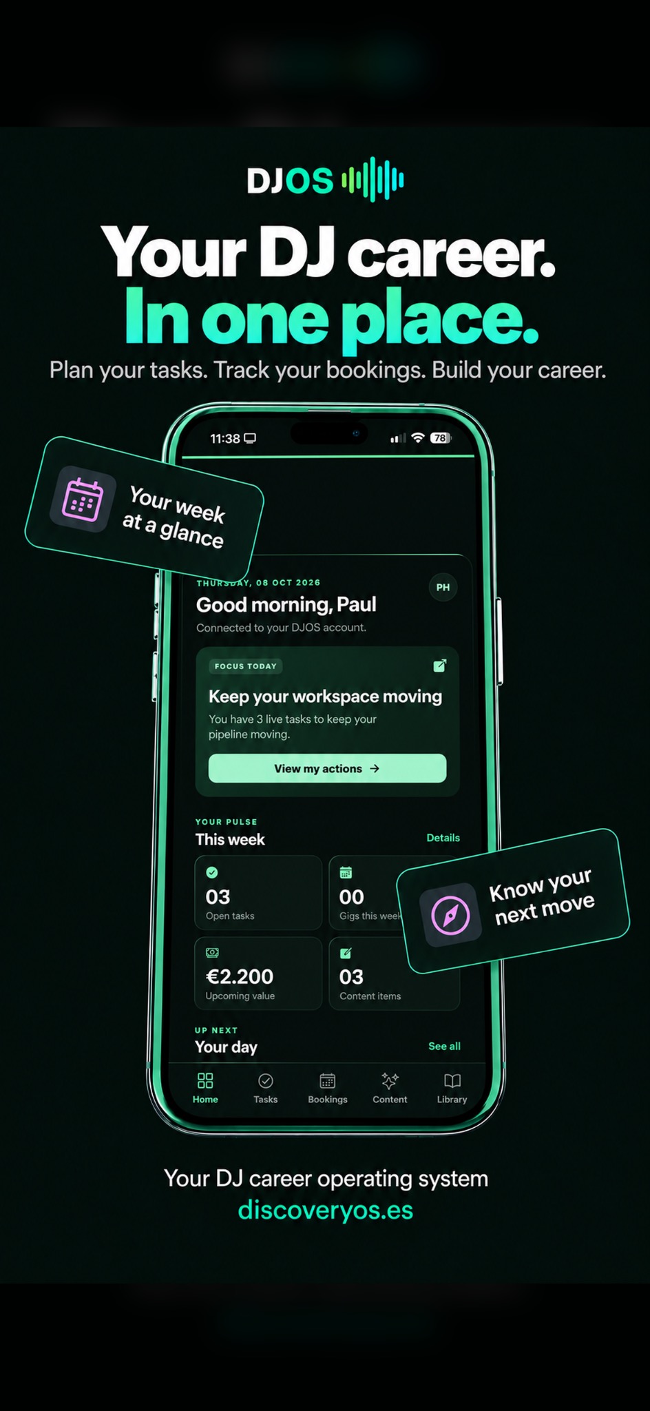 DJOS app home screen showing tasks, bookings and content overview